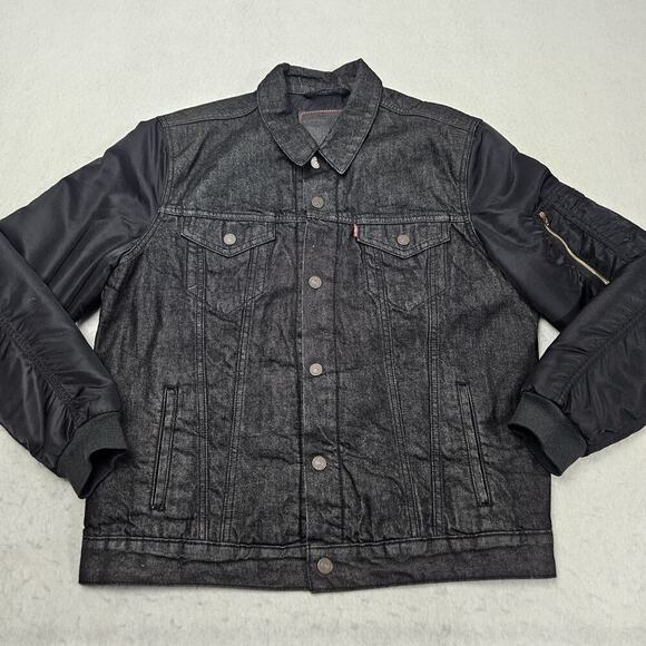 Levis Denim Jacket Thermore Large Black Trucker Snaps Insulated Lined Jean - Picture 1 of 9